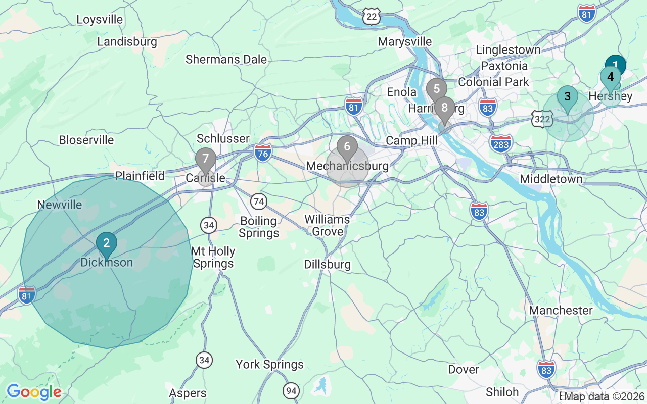 Map of Airbnb guest-review hotspots in Harrisburg-Carlisle with location premium circles