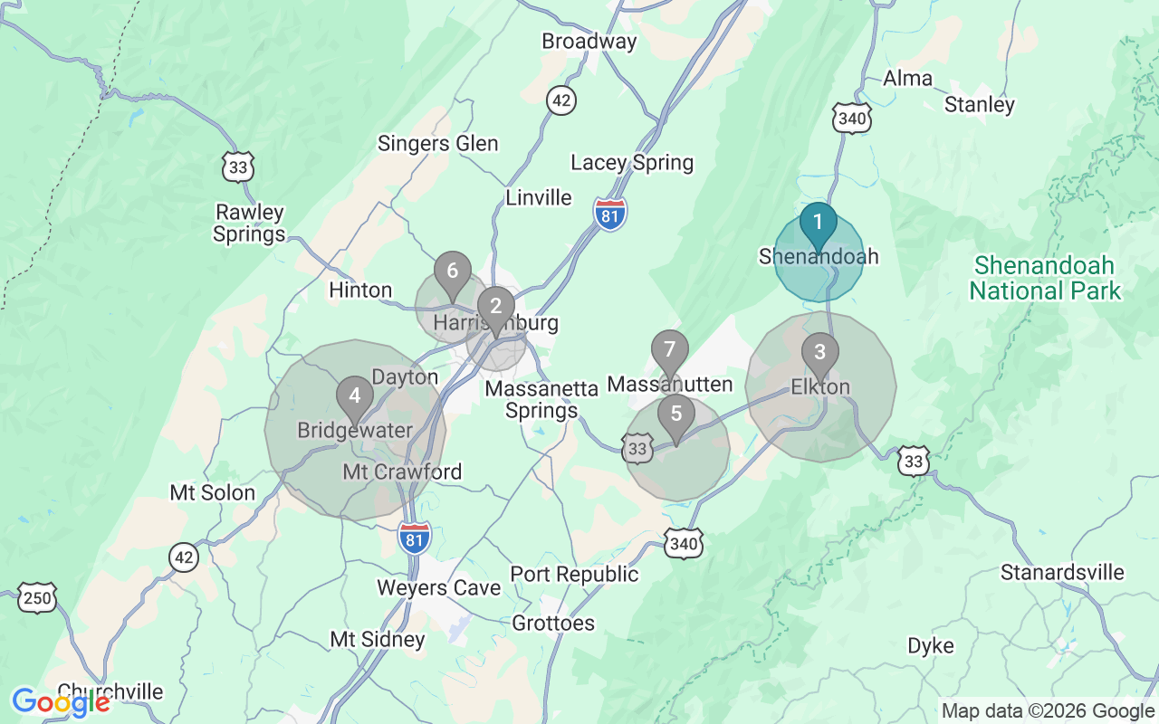 Map of Airbnb guest-review hotspots in Harrisonburg with location premium circles