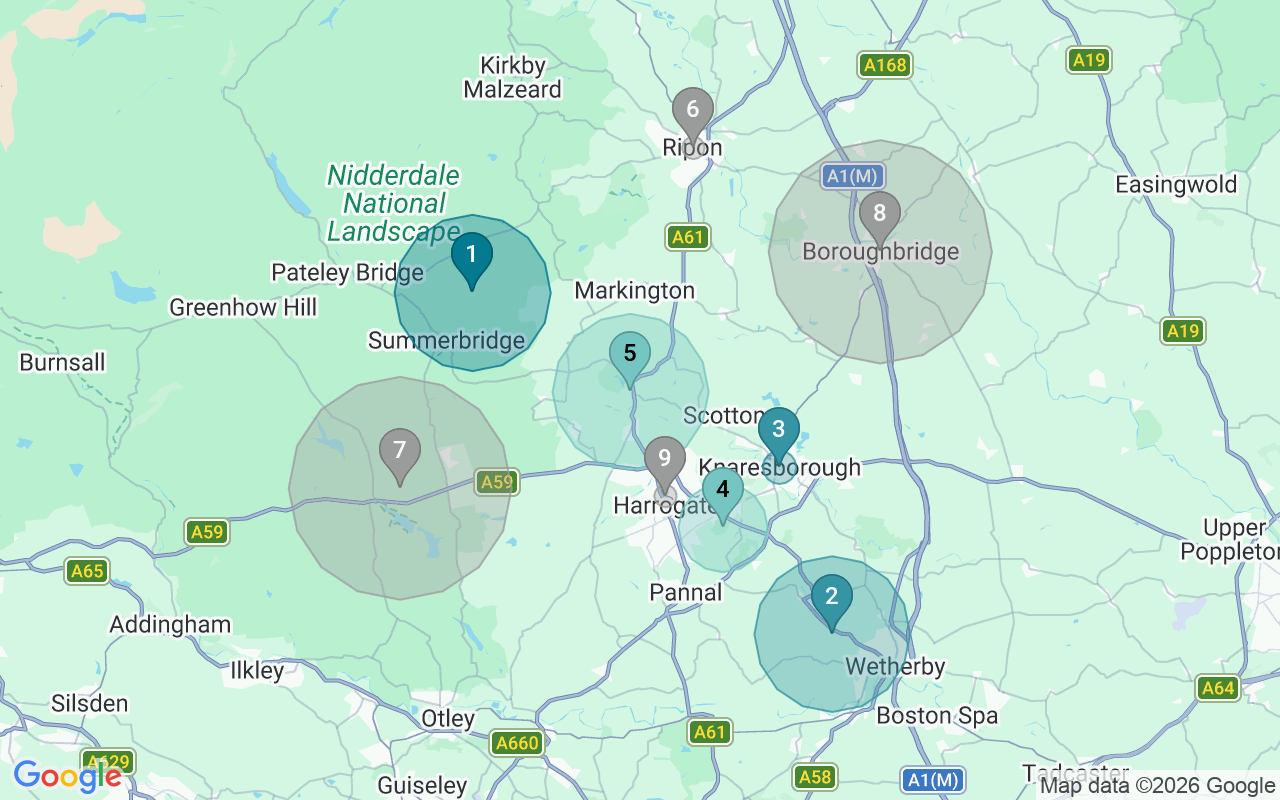 Map of Airbnb guest-review hotspots in Harrogate with location premium circles