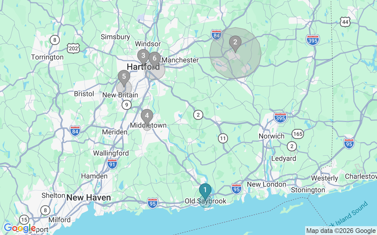 Map of Airbnb guest-review hotspots in Hartford-East Hartford-Middletown with location premium circles