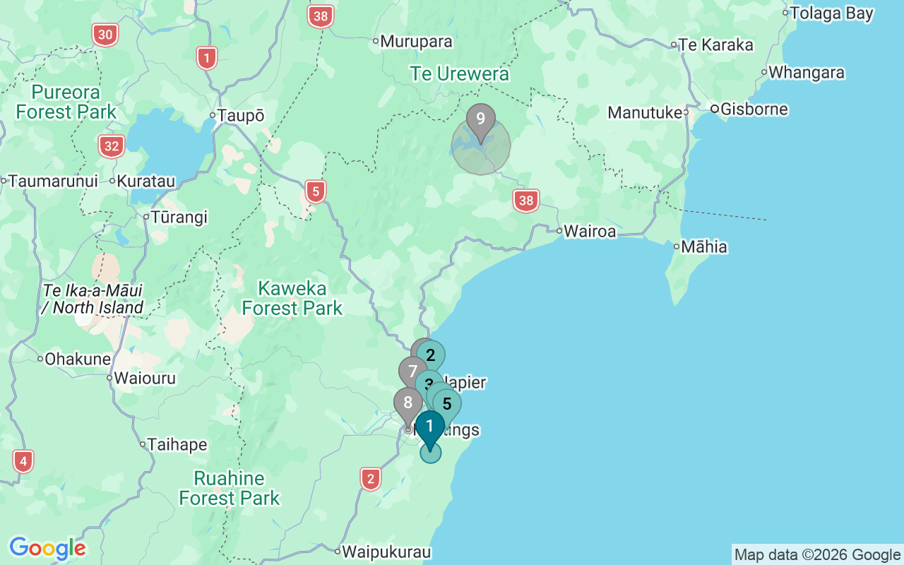 Map of Airbnb guest-review hotspots in Hawkes Bay with location premium circles
