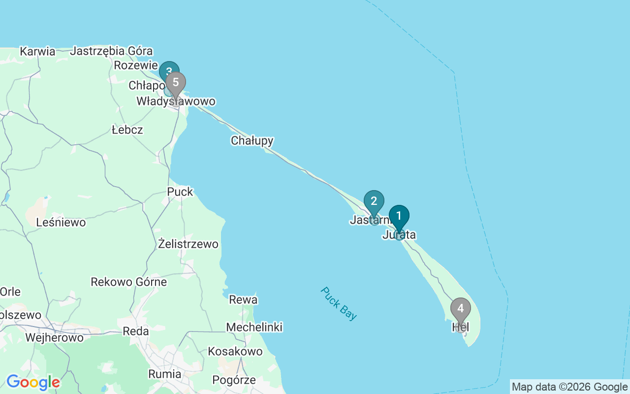 Map of Airbnb guest-review hotspots in Hel Peninsula with location premium circles