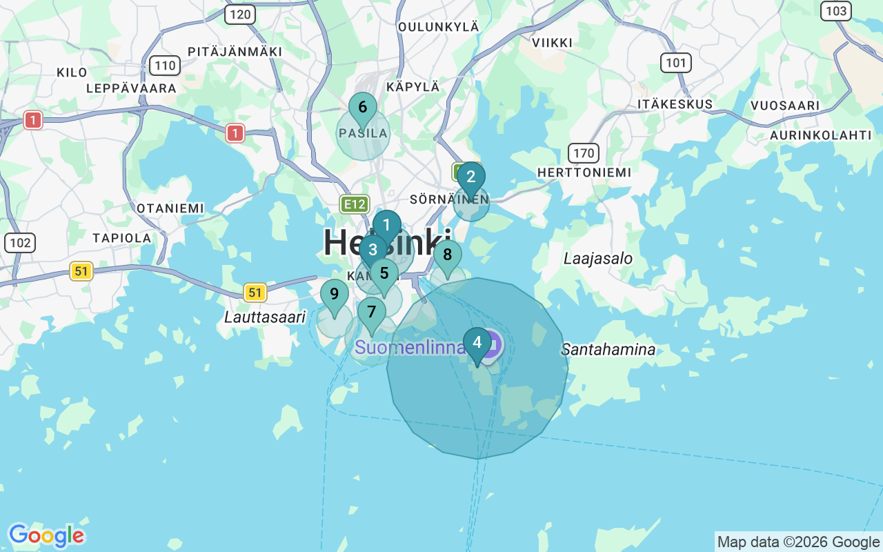 Map of Airbnb guest-review hotspots in Helsinki with location premium circles