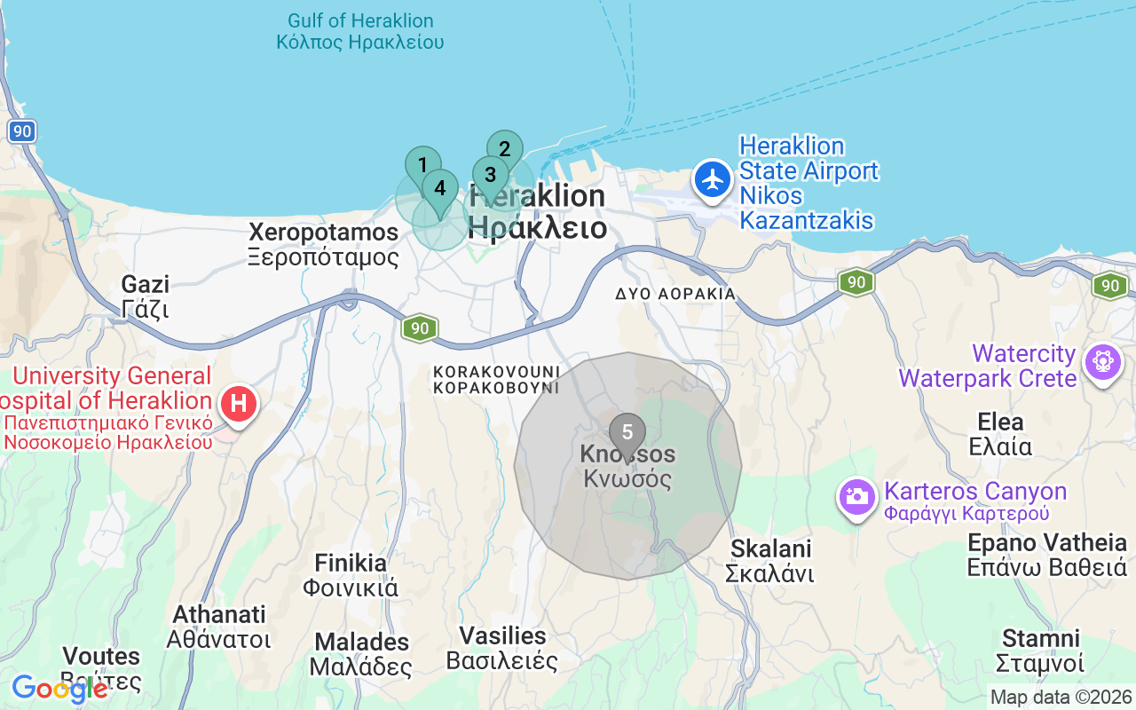 Map of Airbnb guest-review hotspots in Heraklion with location premium circles