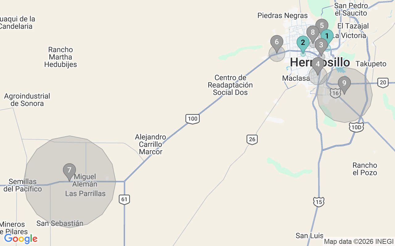 Map of Airbnb guest-review hotspots in Hermosillo with location premium circles