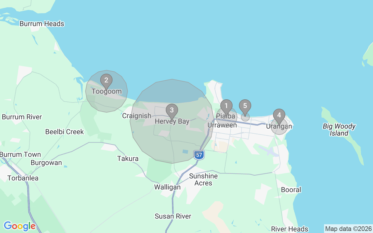 Map of Airbnb guest-review hotspots in Hervey bay with location premium circles