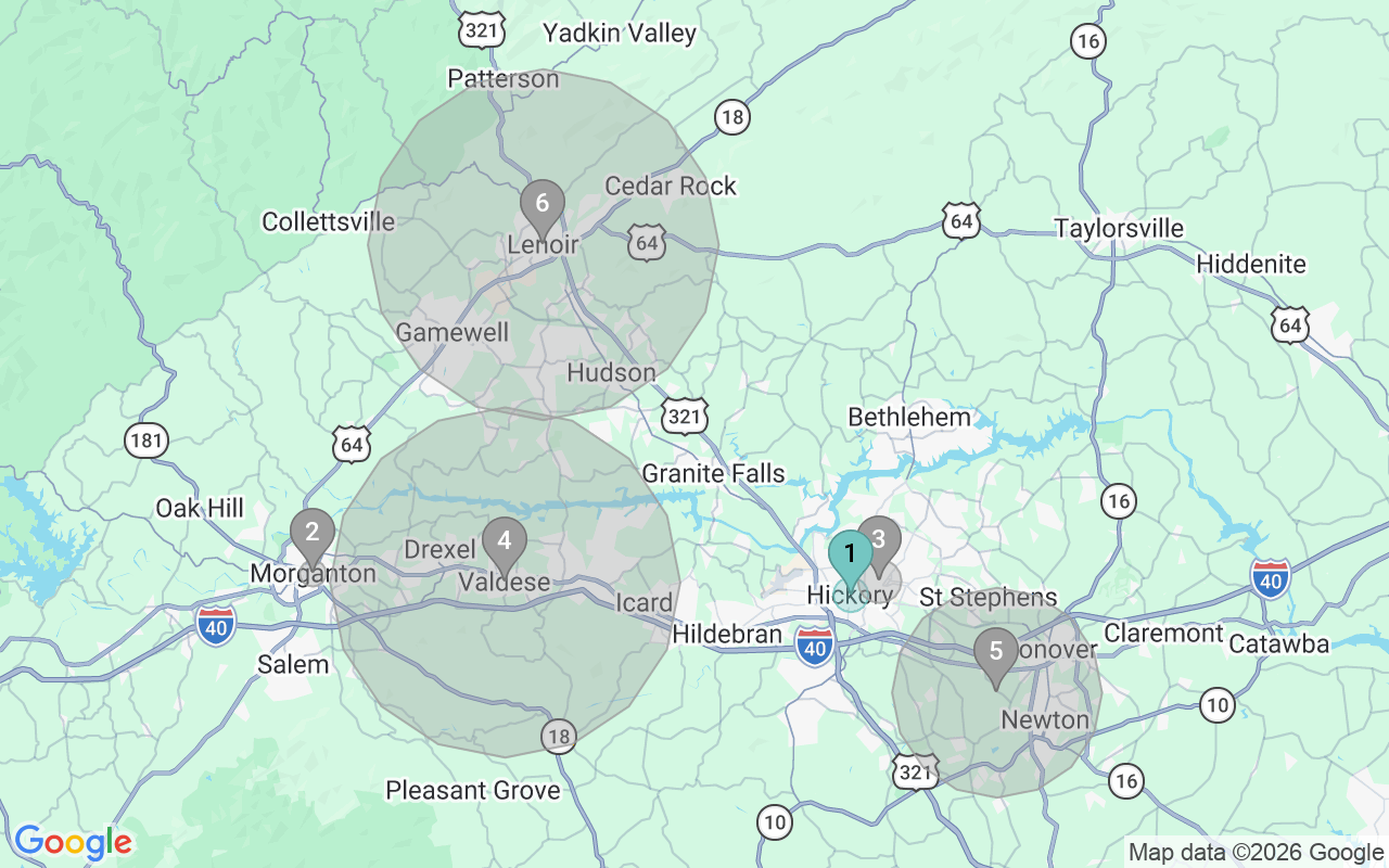 Map of Airbnb guest-review hotspots in Hickory-Lenoir-Morganton with location premium circles