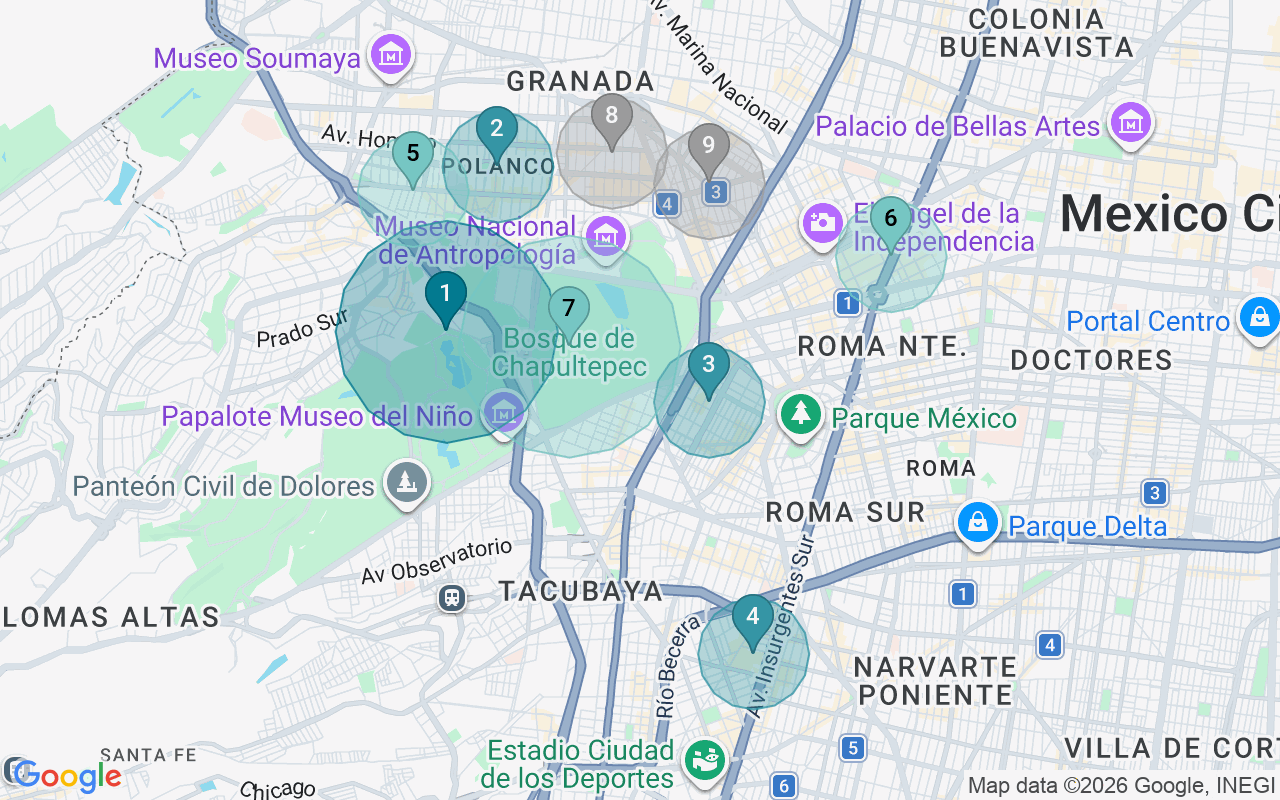 Map of Airbnb guest-review hotspots in Miguel Hidalgo with location premium circles