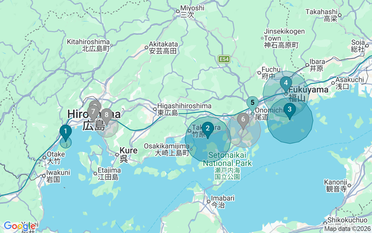 Map of Airbnb guest-review hotspots in Hiroshima with location premium circles