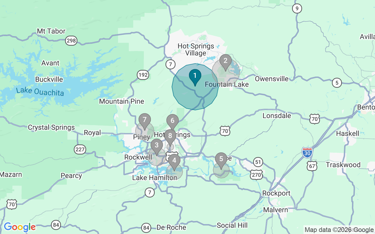 Map of Airbnb guest-review hotspots in Hot Springs with location premium circles