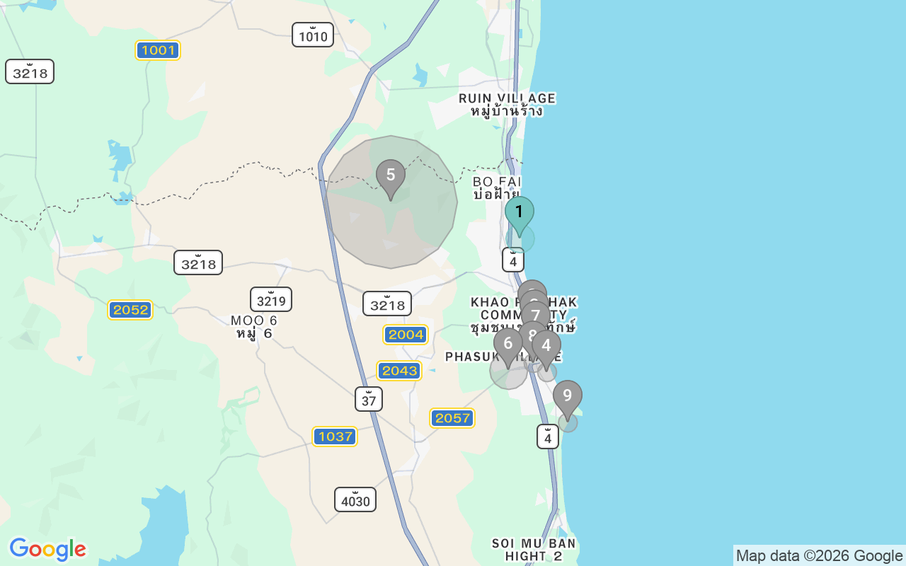 Map of Airbnb guest-review hotspots in Hua Hin District with location premium circles