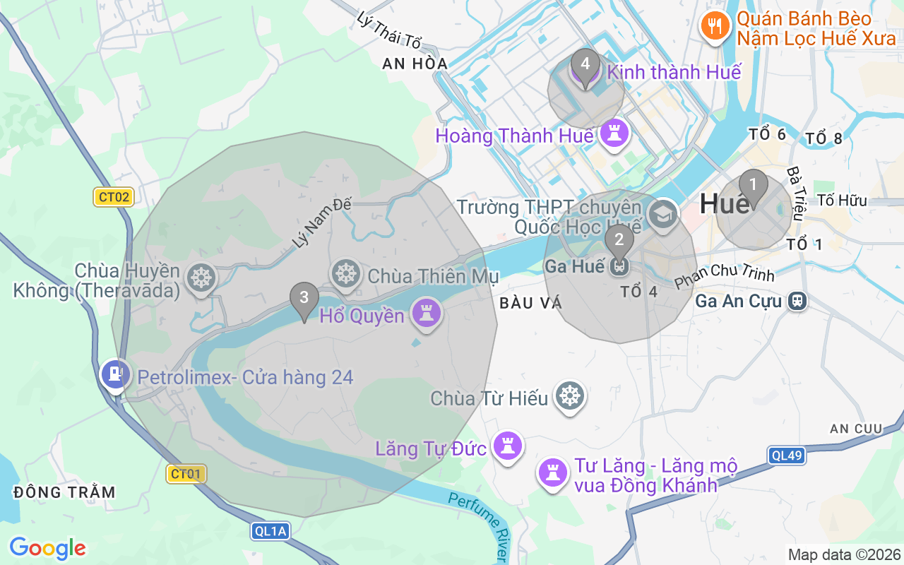 Map of Airbnb guest-review hotspots in Hue with location premium circles