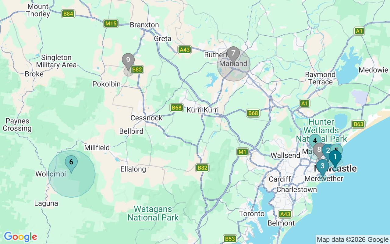 Map of Airbnb guest-review hotspots in Hunter Valley with location premium circles