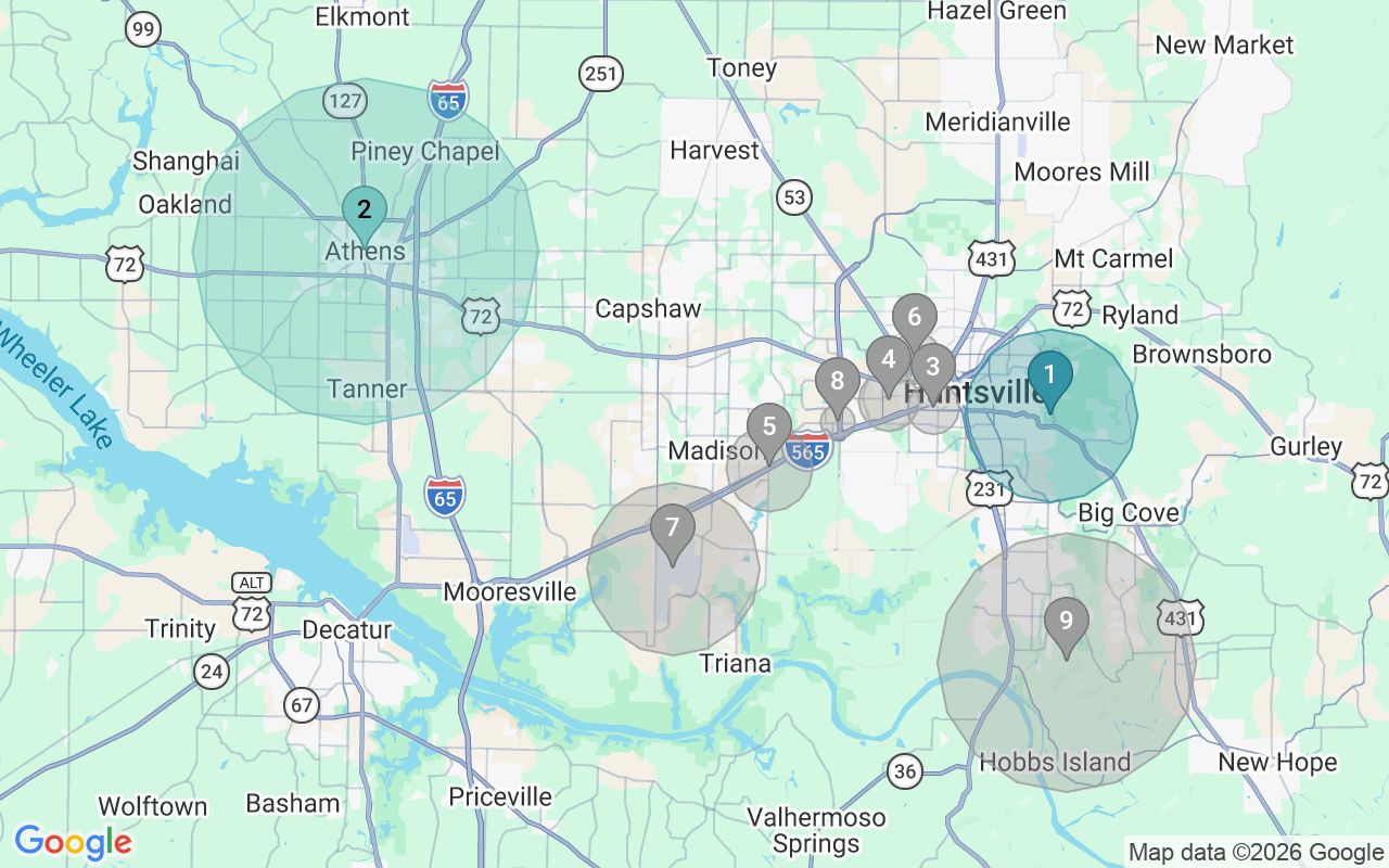 Map of Airbnb guest-review hotspots in Huntsville with location premium circles