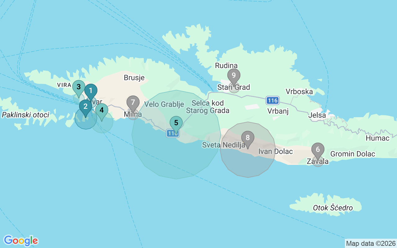 Map of Airbnb guest-review hotspots in Hvar with location premium circles