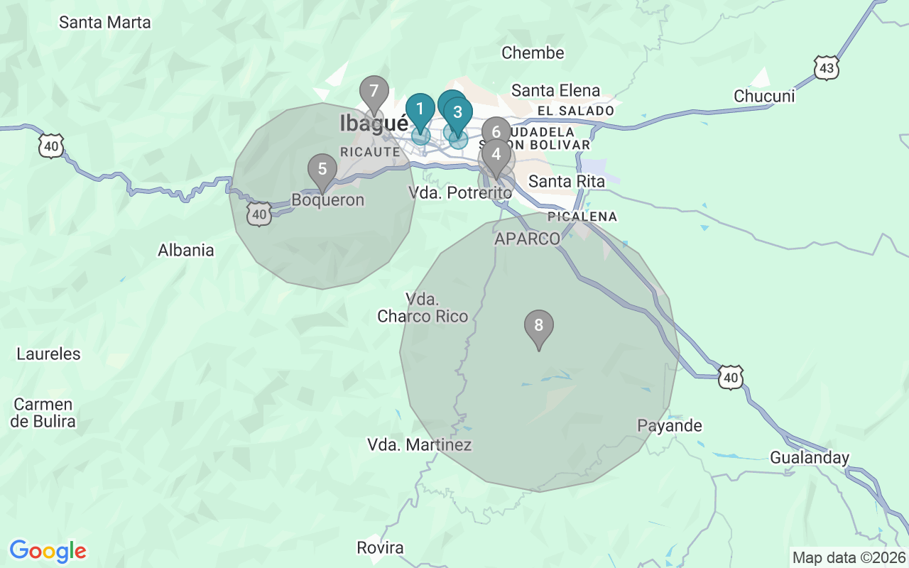 Map of Airbnb guest-review hotspots in Ibague with location premium circles