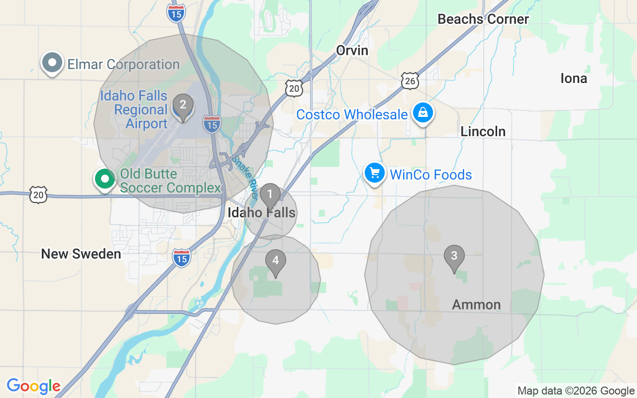 Map of Airbnb guest-review hotspots in Idaho Falls with location premium circles