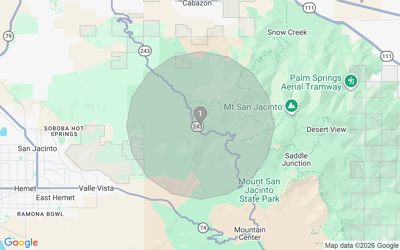 Map of Airbnb guest-review hotspots in Idyllwild-Pine Cove with location premium circles