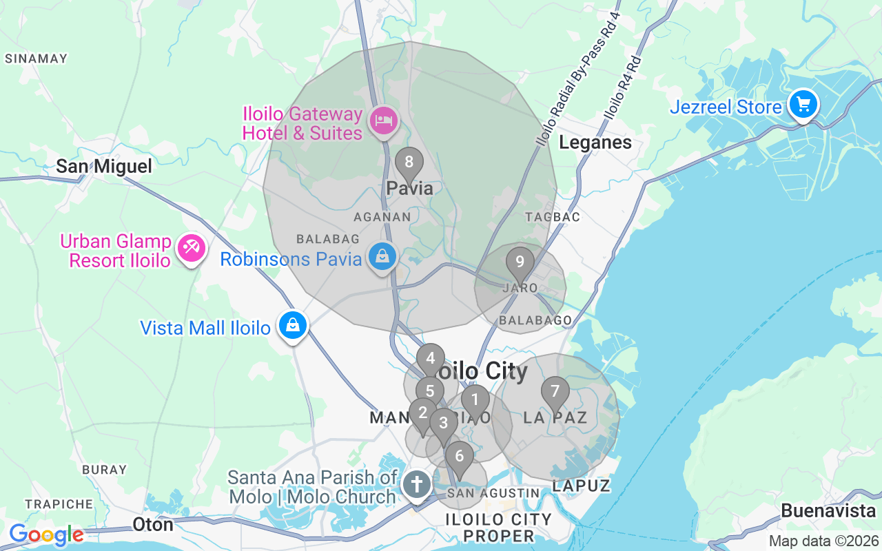 Map of Airbnb guest-review hotspots in Iloilo with location premium circles