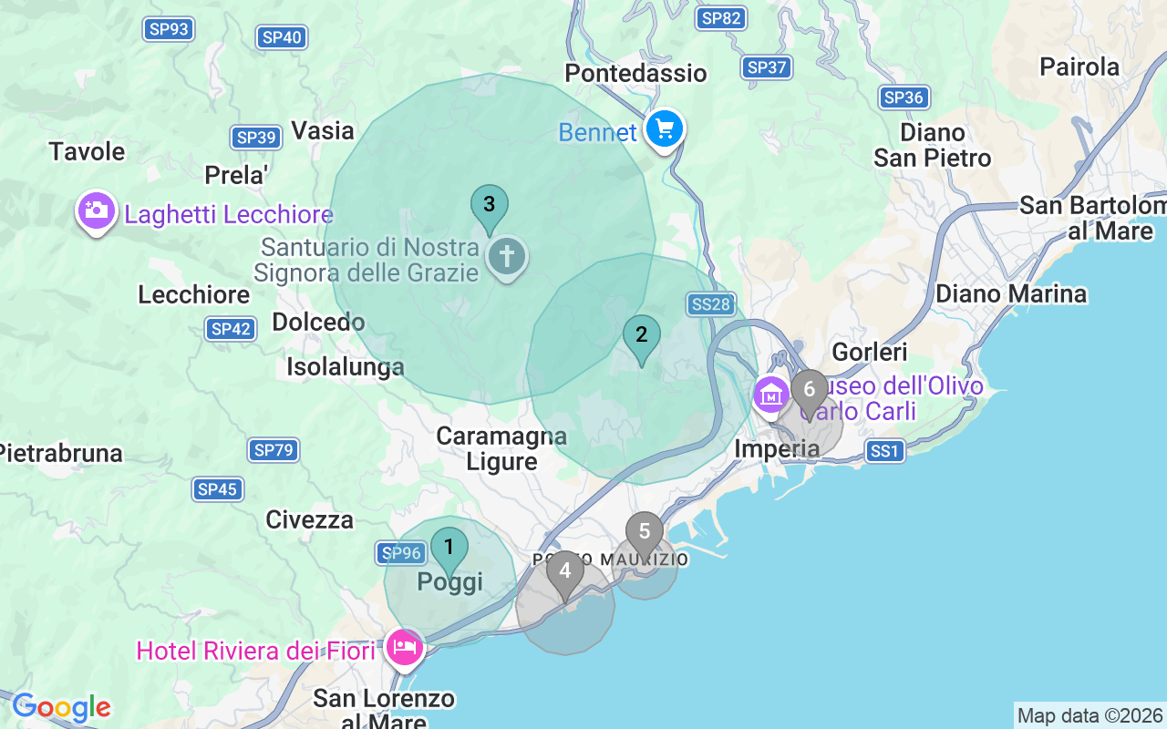 Map of Airbnb guest-review hotspots in Imperia with location premium circles