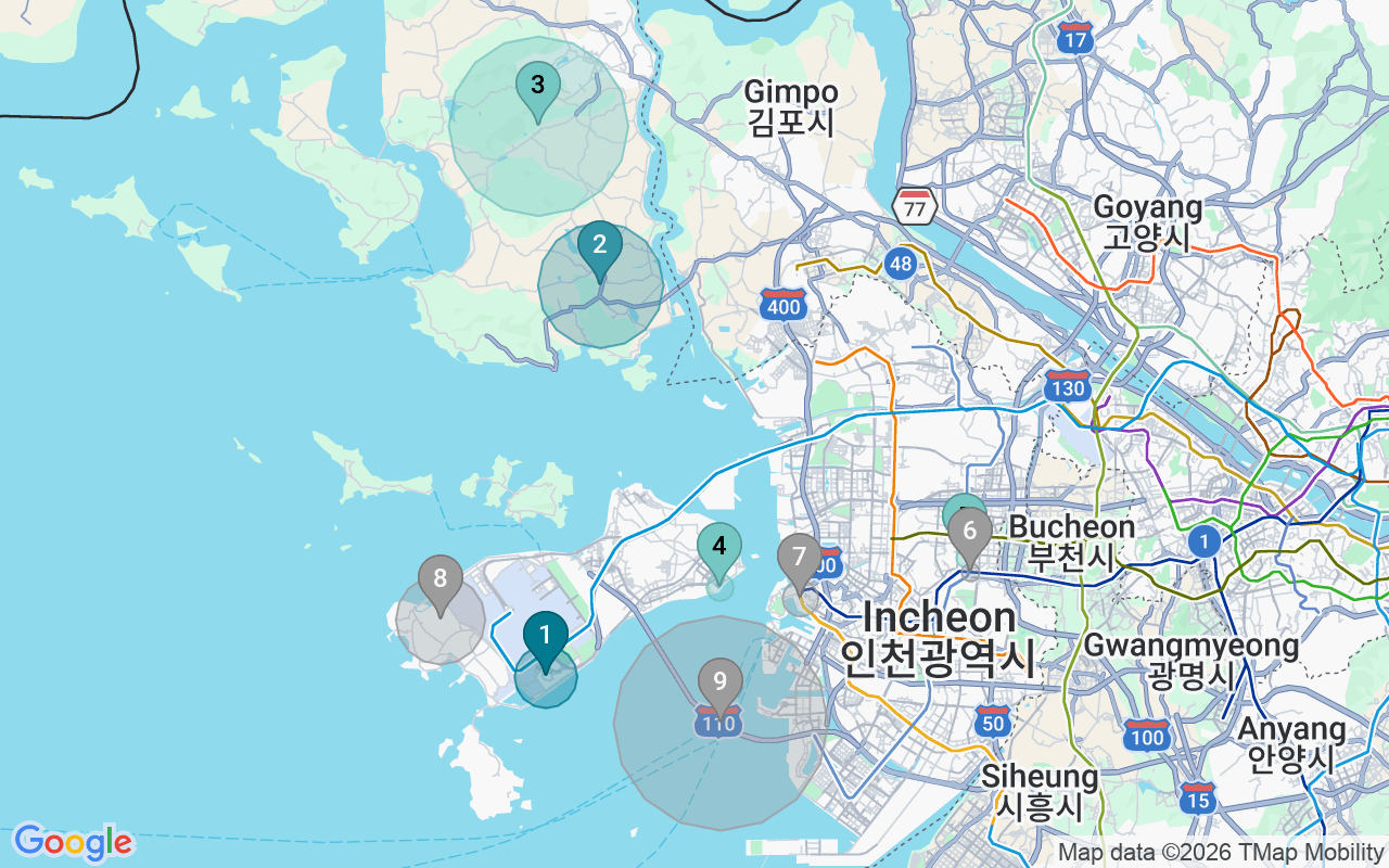 Map of Airbnb guest-review hotspots in Incheon with location premium circles