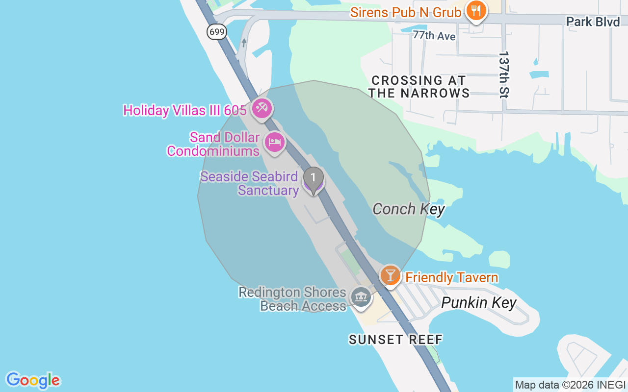 Map of Airbnb guest-review hotspots in Indian Shores with location premium circles