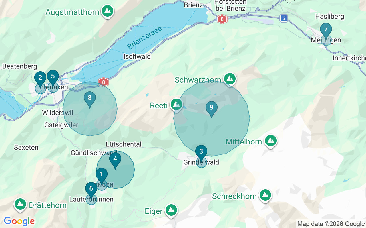 Map of Airbnb guest-review hotspots in Interlaken-Oberhasli with location premium circles