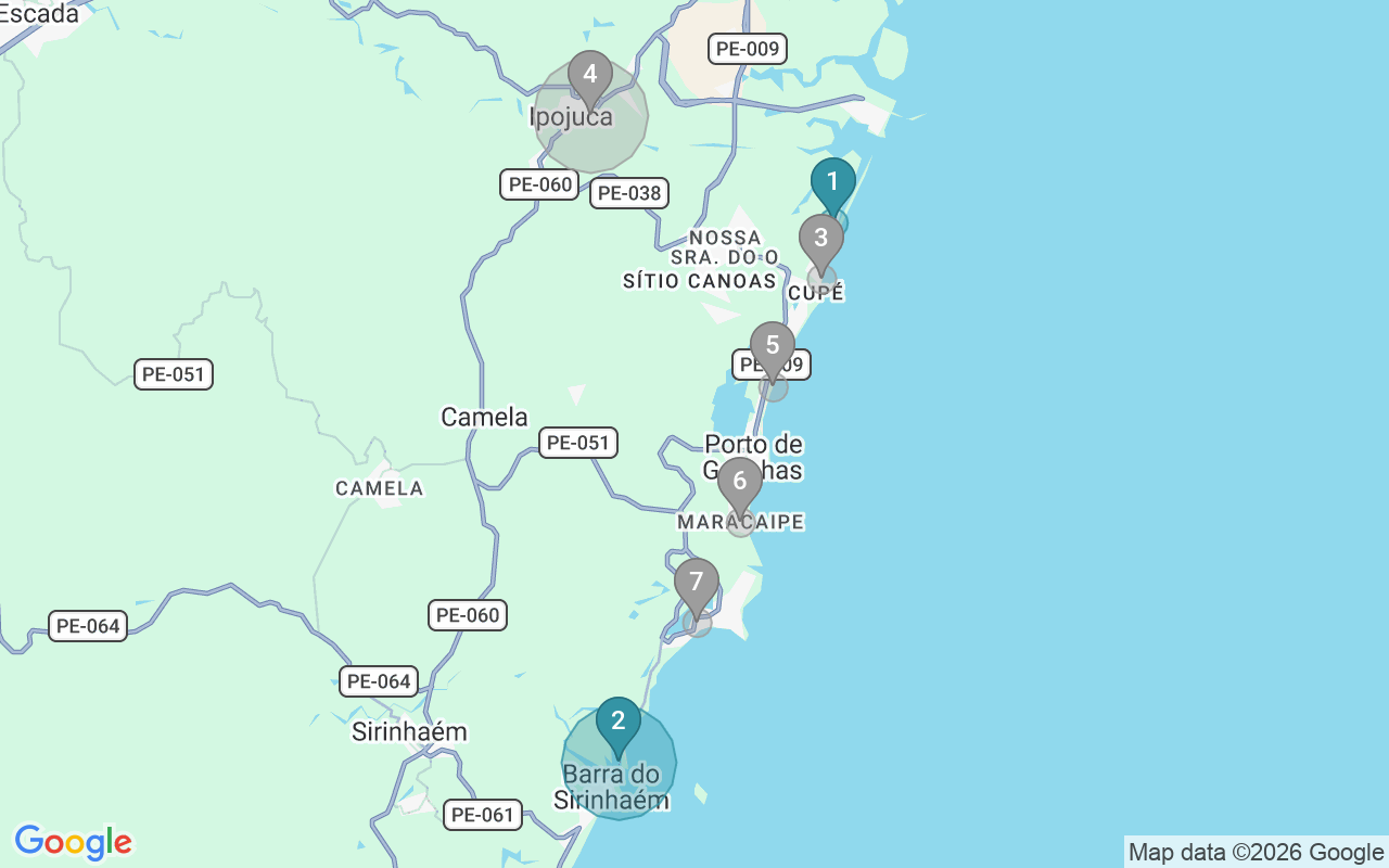 Map of Airbnb guest-review hotspots in Ipojuca with location premium circles