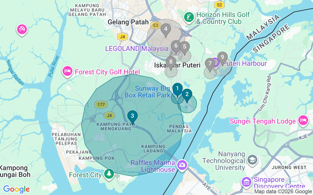 Map of Airbnb guest-review hotspots in Iskandar Puteri with location premium circles