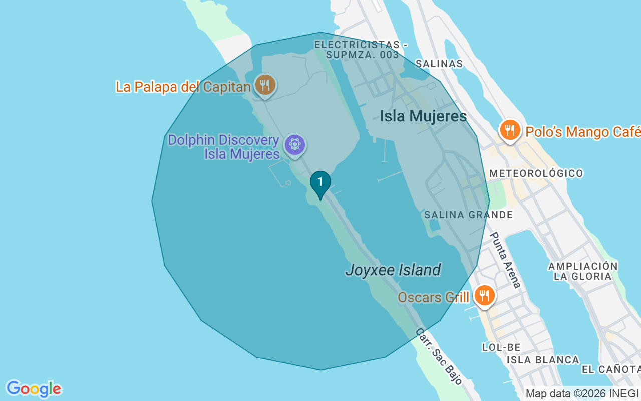 Map of Airbnb guest-review hotspots in Isla Mujeres with location premium circles