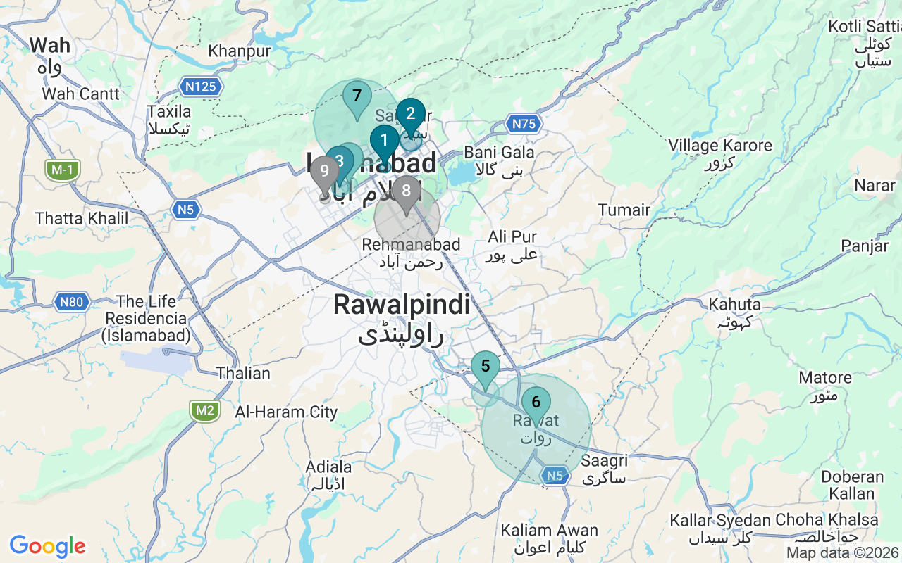 Map of Airbnb guest-review hotspots in Islamabad with location premium circles