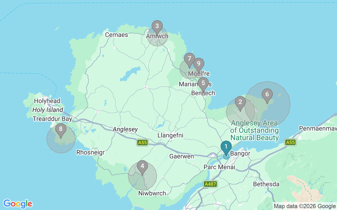 Map of Airbnb guest-review hotspots in Isle Of Anglesey with location premium circles