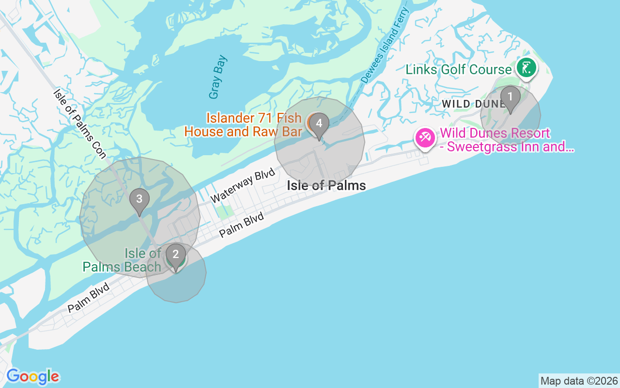 Map of Airbnb guest-review hotspots in Isle Of Palms with location premium circles