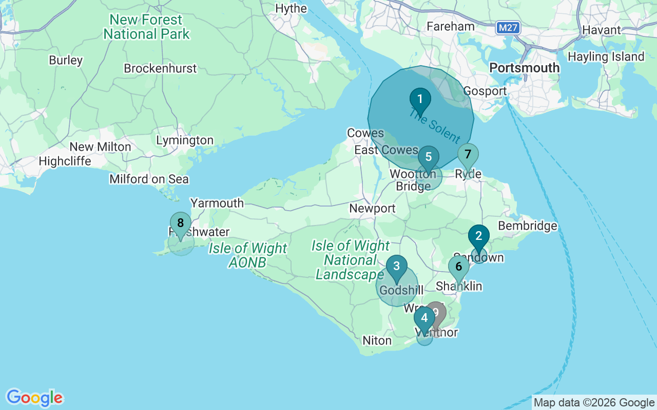 Map of Airbnb guest-review hotspots in Isle Of Wight with location premium circles