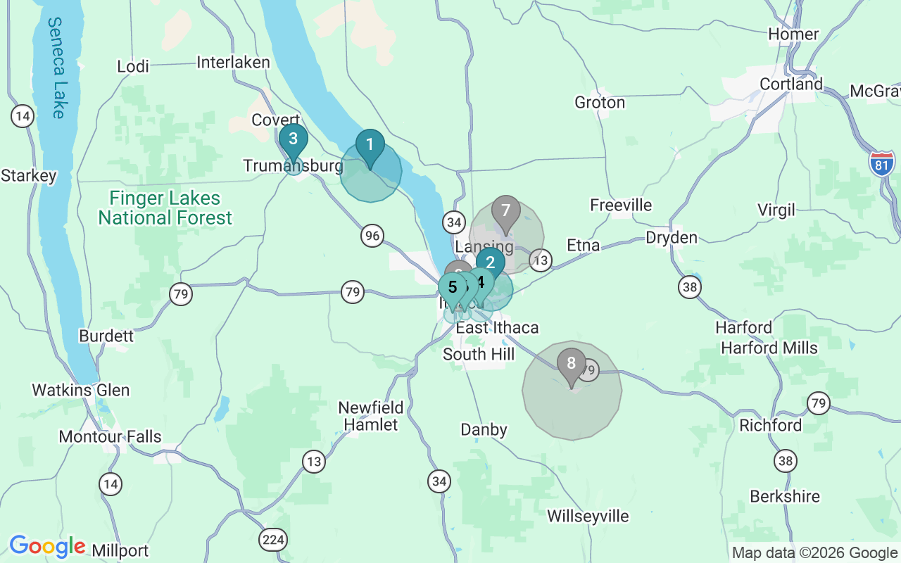 Map of Airbnb guest-review hotspots in Ithaca with location premium circles