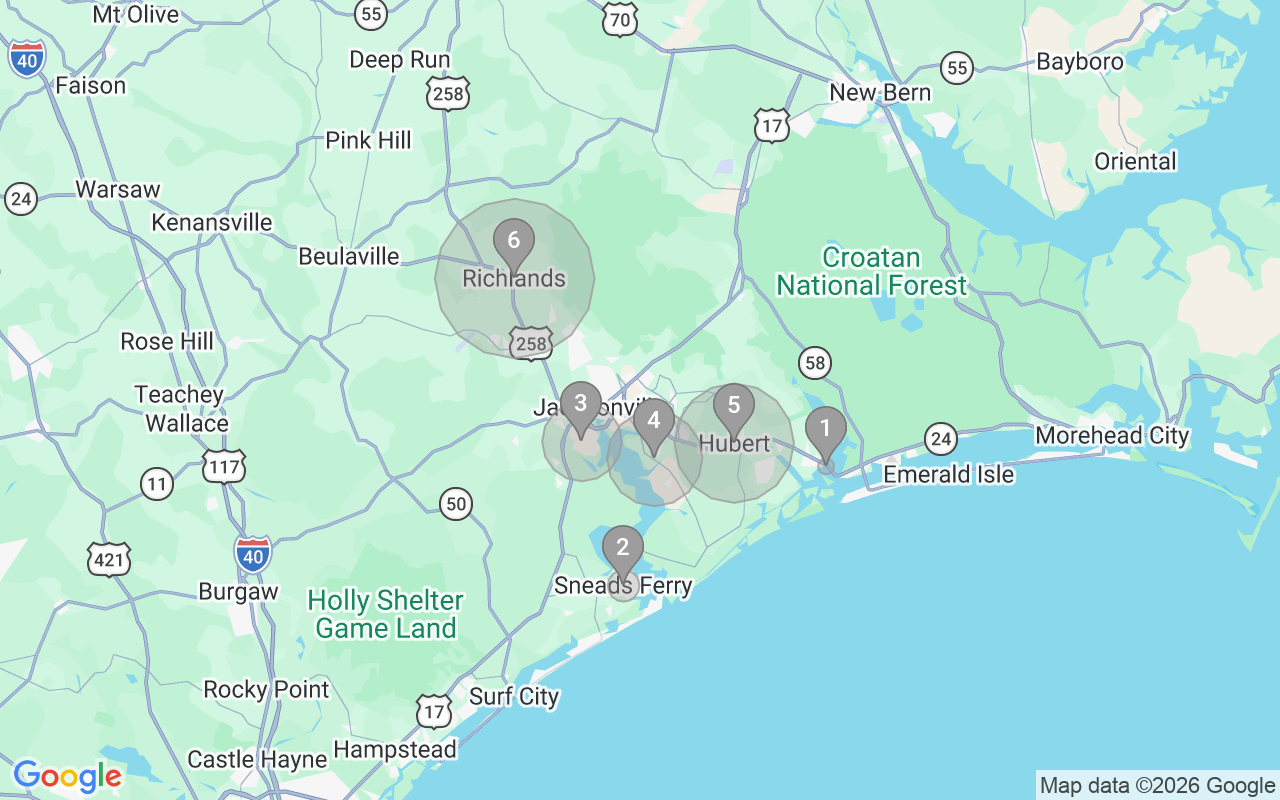 Map of Airbnb guest-review hotspots in Jacksonville with location premium circles