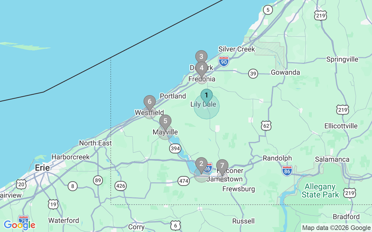 Map of Airbnb guest-review hotspots in Jamestown-Dunkirk-Fredonia with location premium circles