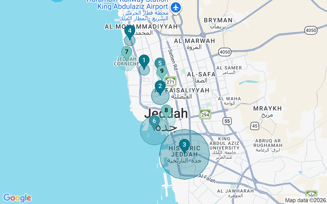 Map of Airbnb guest-review hotspots in Jeddah with location premium circles