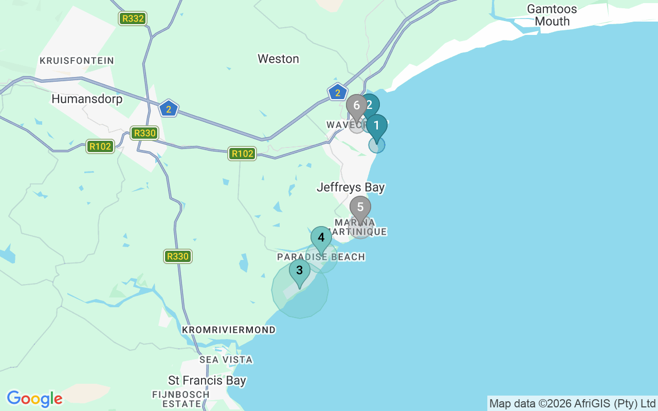 Map of Airbnb guest-review hotspots in Jeffreys Bay with location premium circles