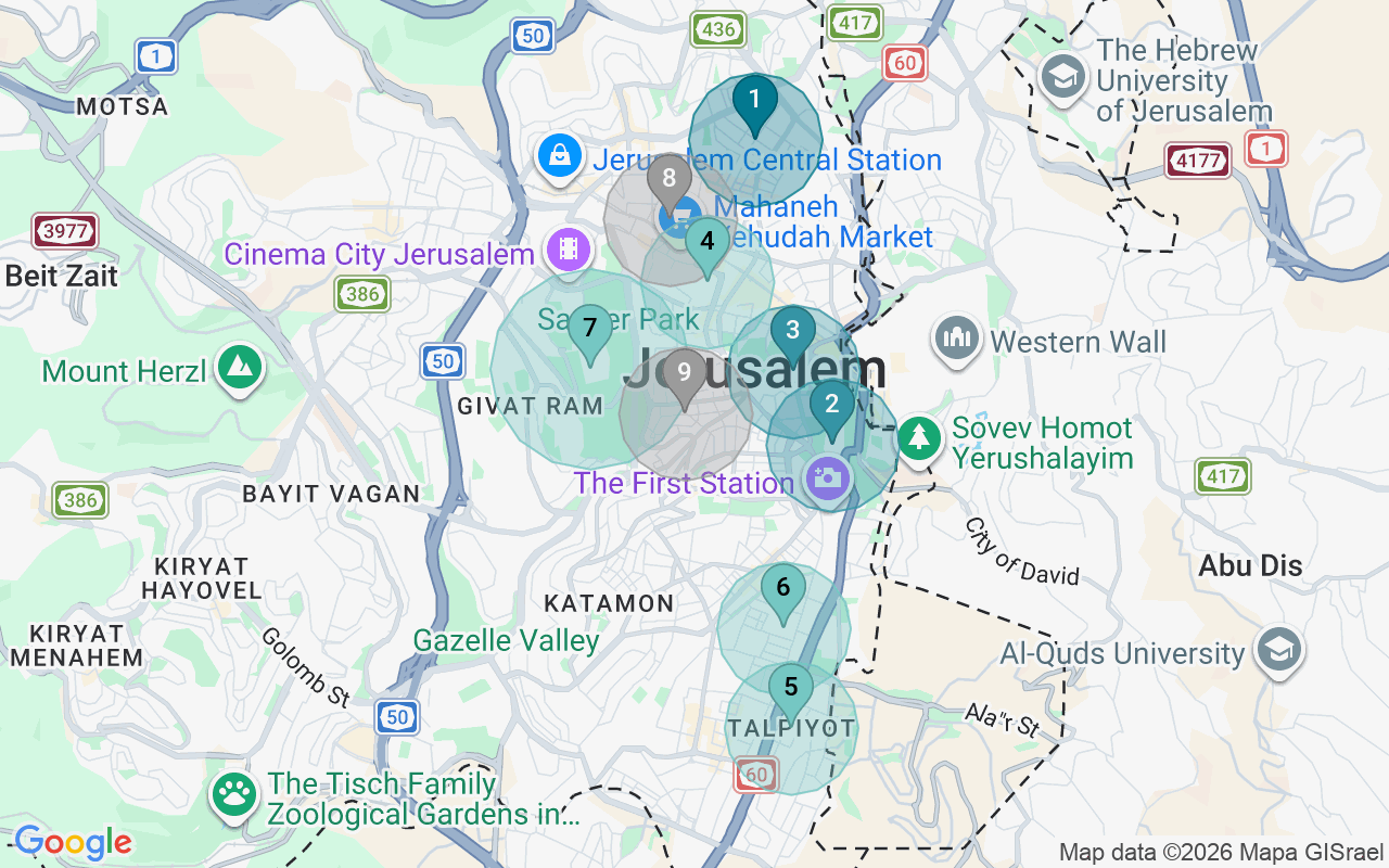 Map of Airbnb guest-review hotspots in Jerusalem with location premium circles