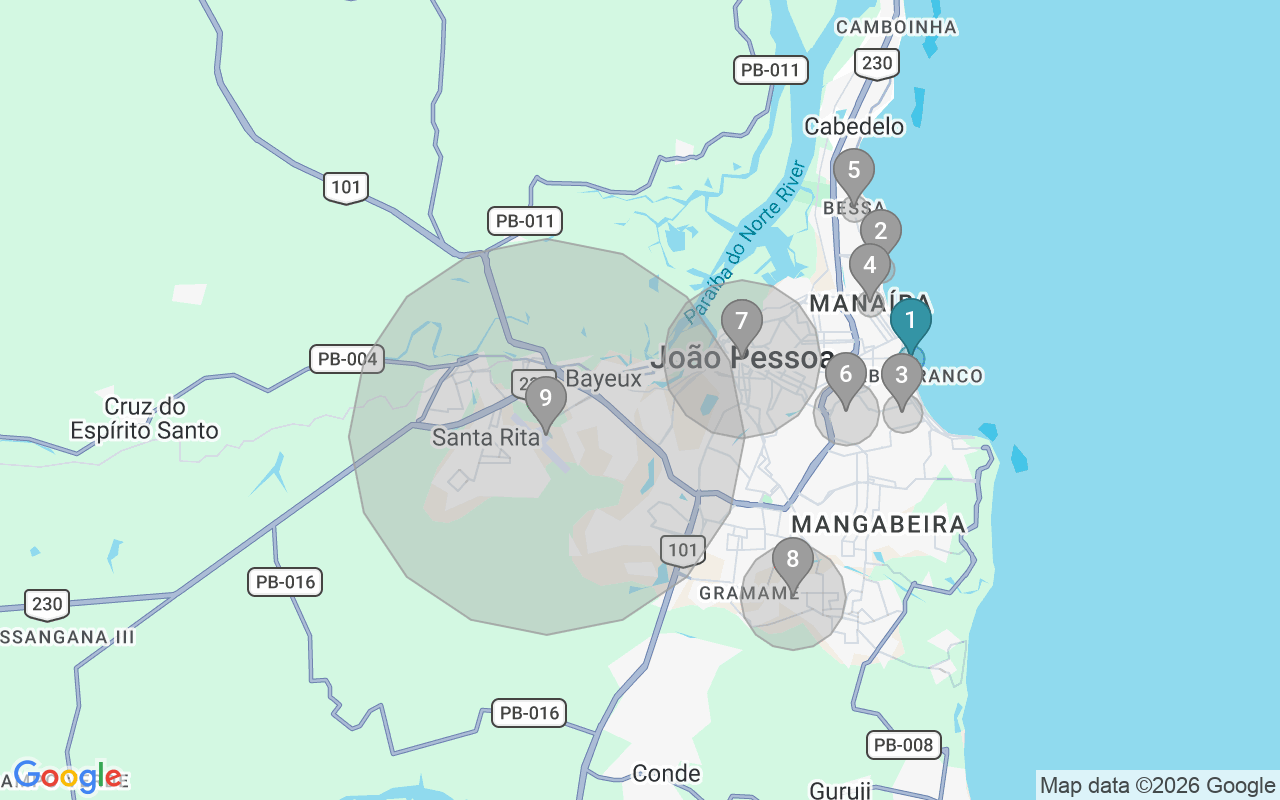 Map of Airbnb guest-review hotspots in João Pessoa with location premium circles
