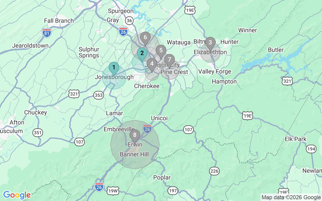 Map of Airbnb guest-review hotspots in Johnson City with location premium circles