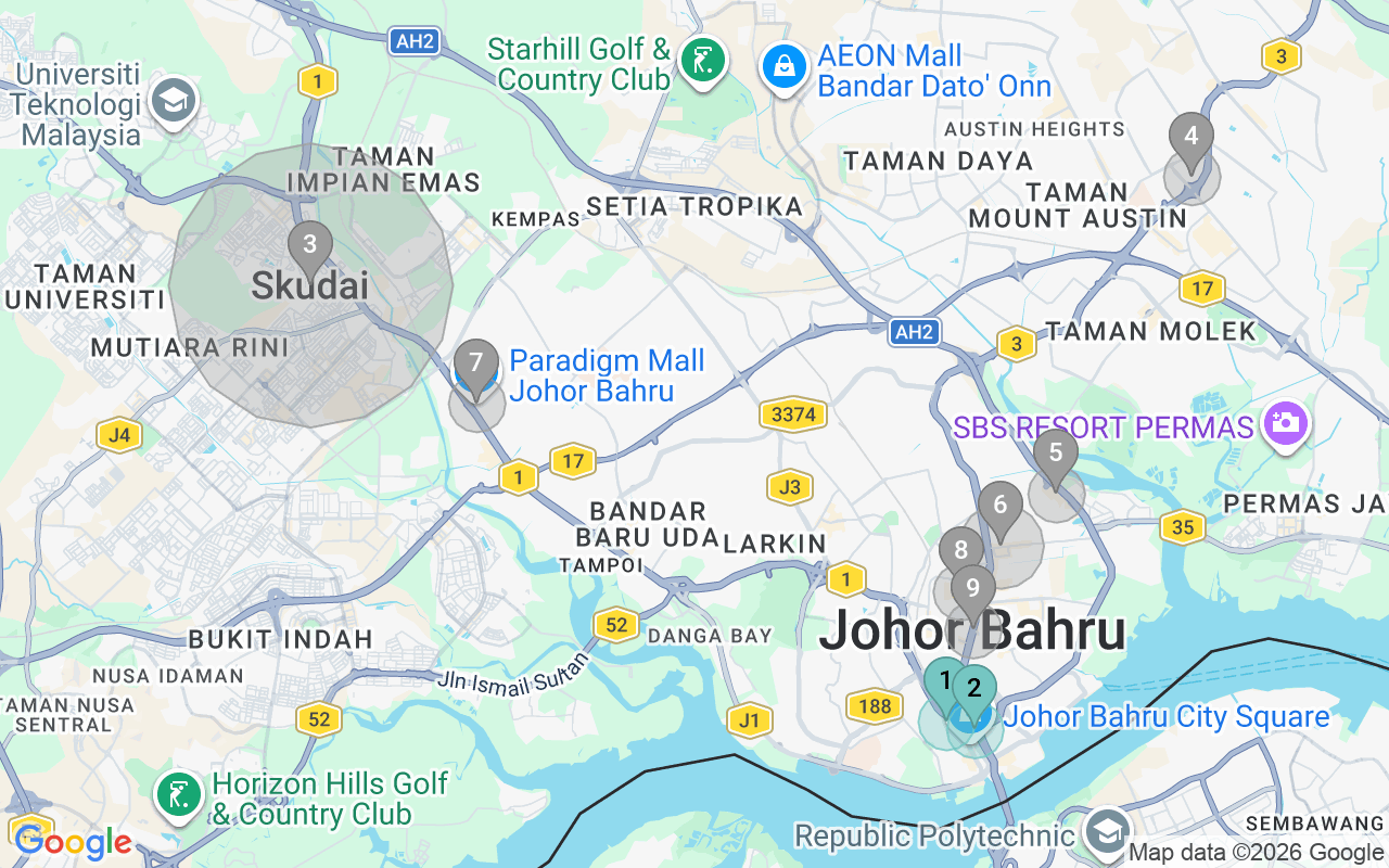 Map of Airbnb guest-review hotspots in Johor Bahru with location premium circles