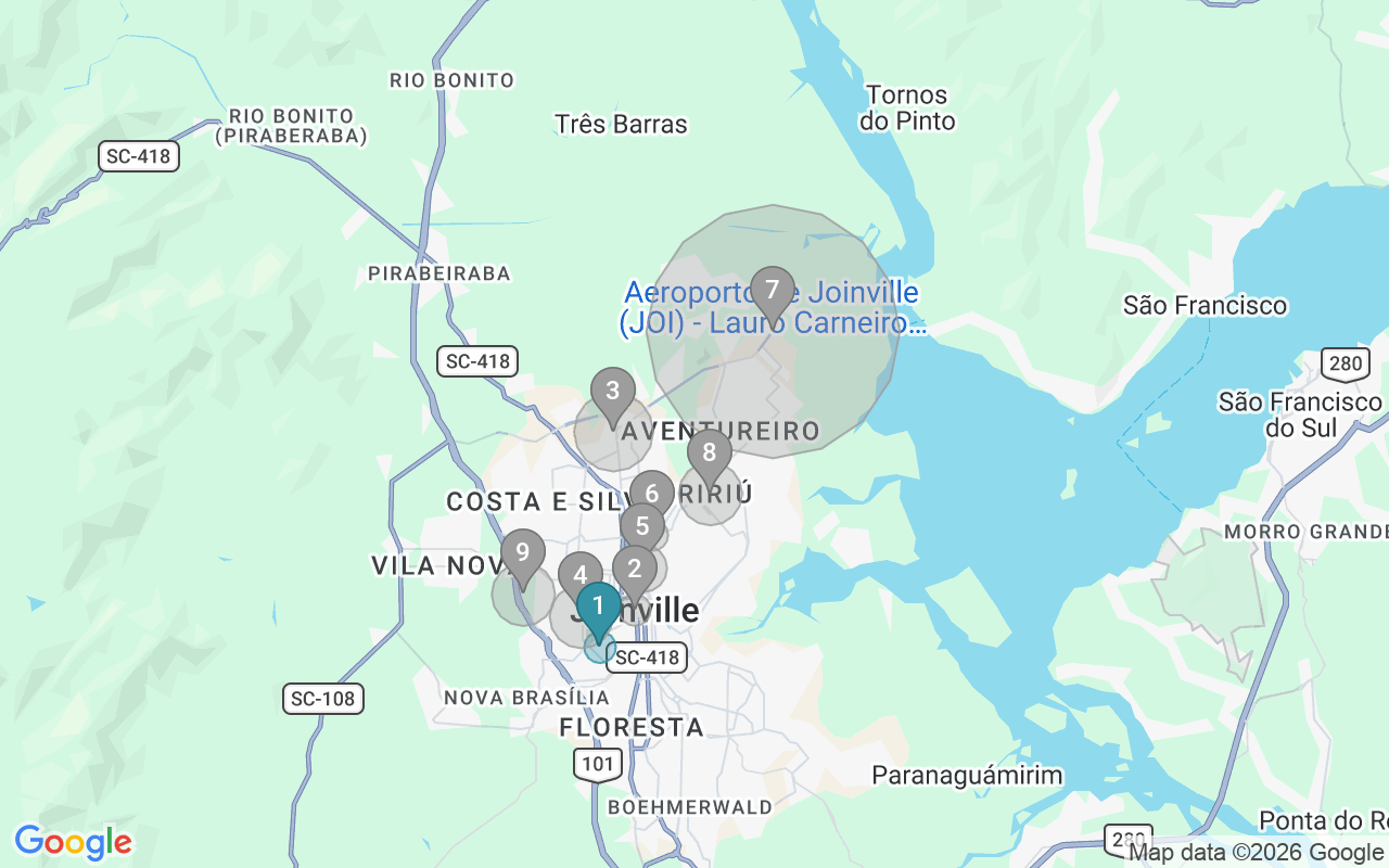 Map of Airbnb guest-review hotspots in Joinville with location premium circles
