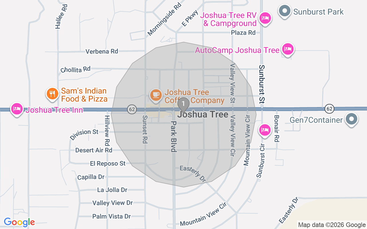 Map of Airbnb guest-review hotspots in Joshua Tree with location premium circles