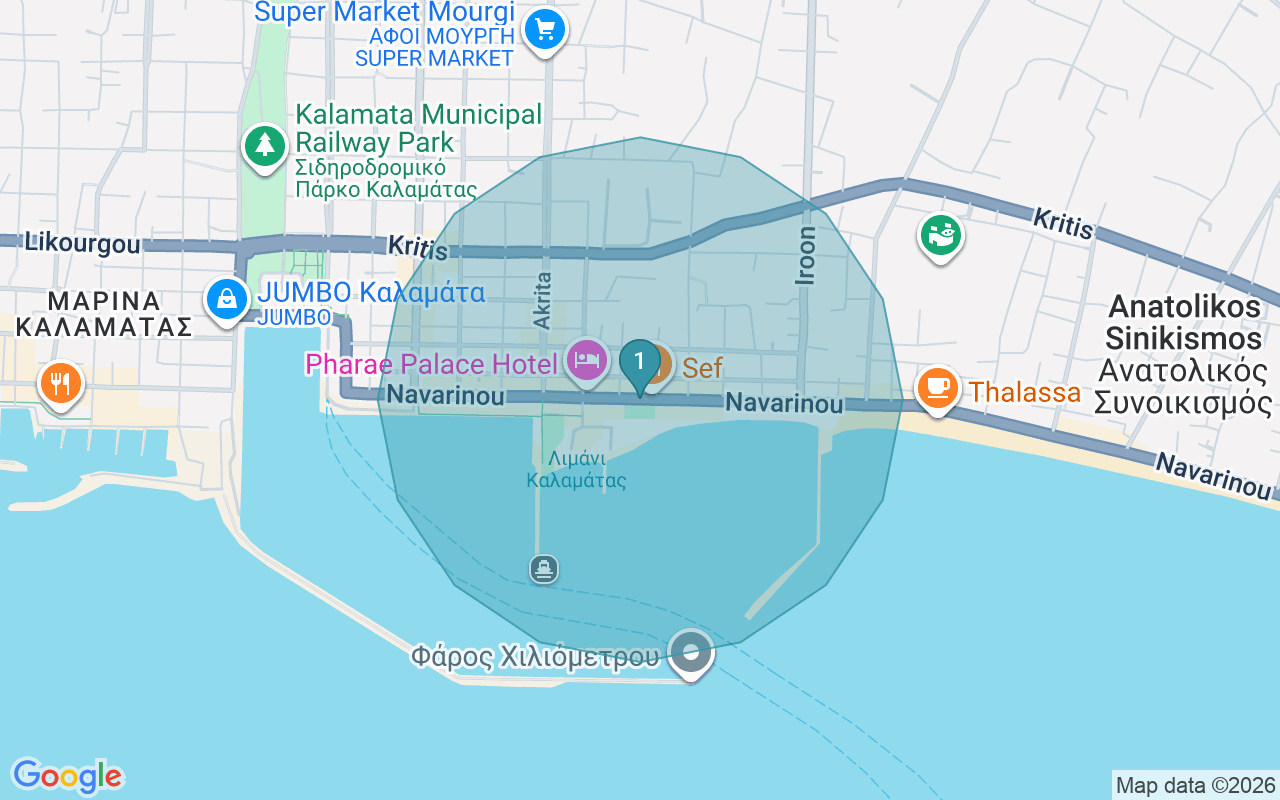 Map of Airbnb guest-review hotspots in Kalamata with location premium circles