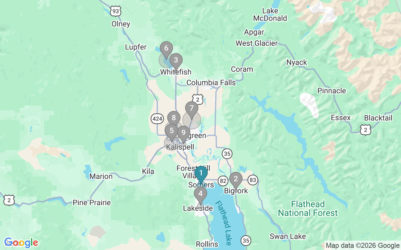 Map of Airbnb guest-review hotspots in Kalispell with location premium circles