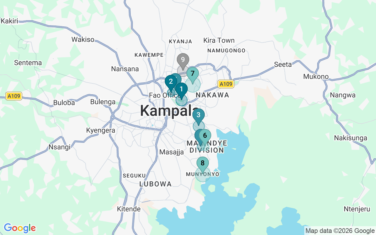 Map of Airbnb guest-review hotspots in Kampala with location premium circles
