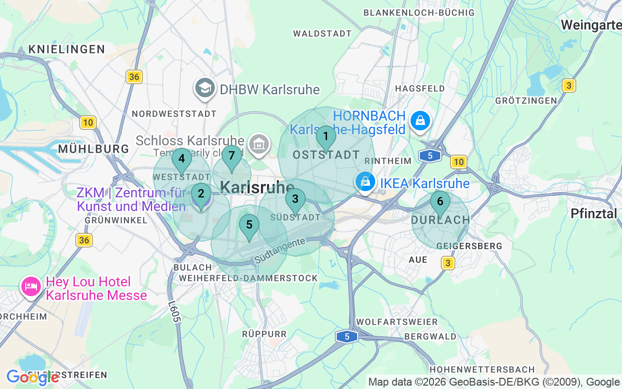 Map of Airbnb guest-review hotspots in Karlsruhe with location premium circles