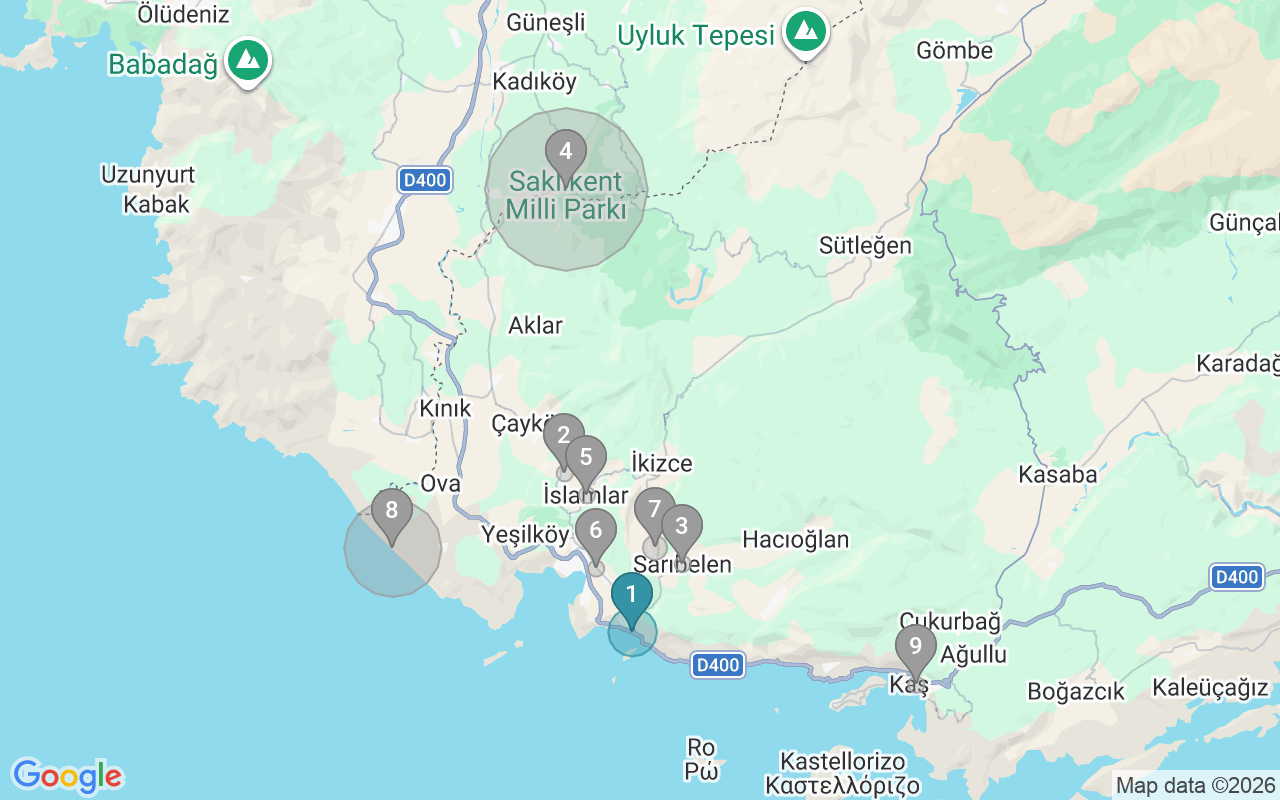 Map of Airbnb guest-review hotspots in Kaş with location premium circles